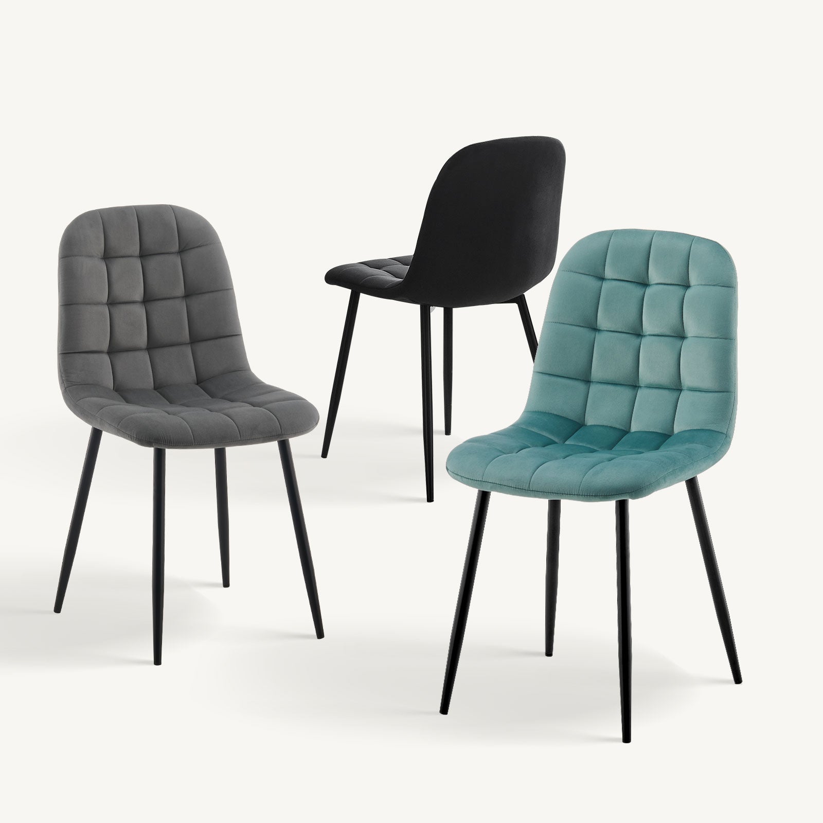 3 colors of Carson Velvet Dining Chair: teal, black and grey