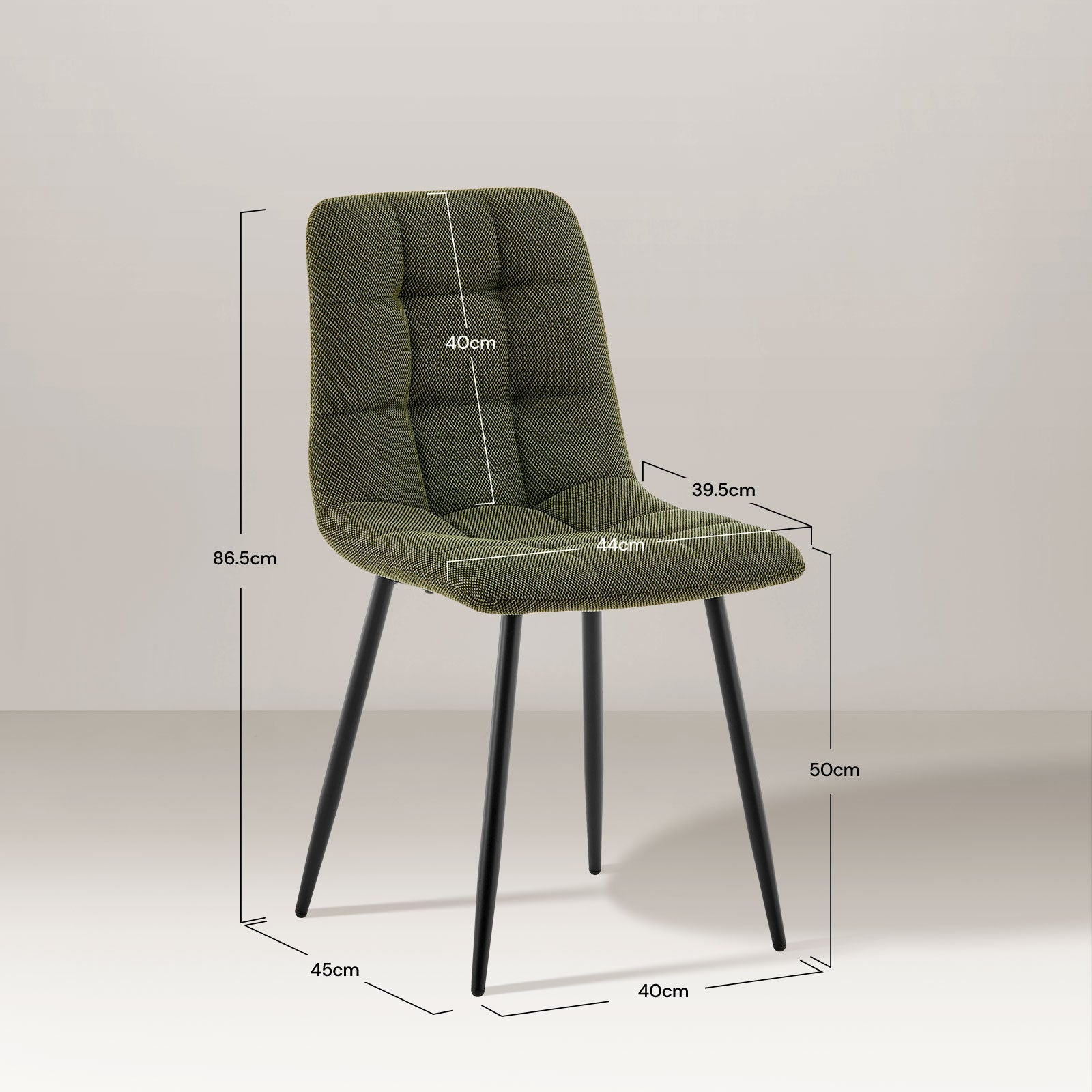 Dimensions of the olive green Christie Fabric Dining Chair.