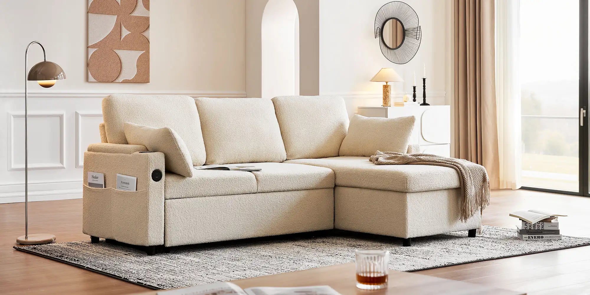 Clarkson 3-Seater Boucle Sofa Bed with chaise and blanket, modern and inviting living room furniture