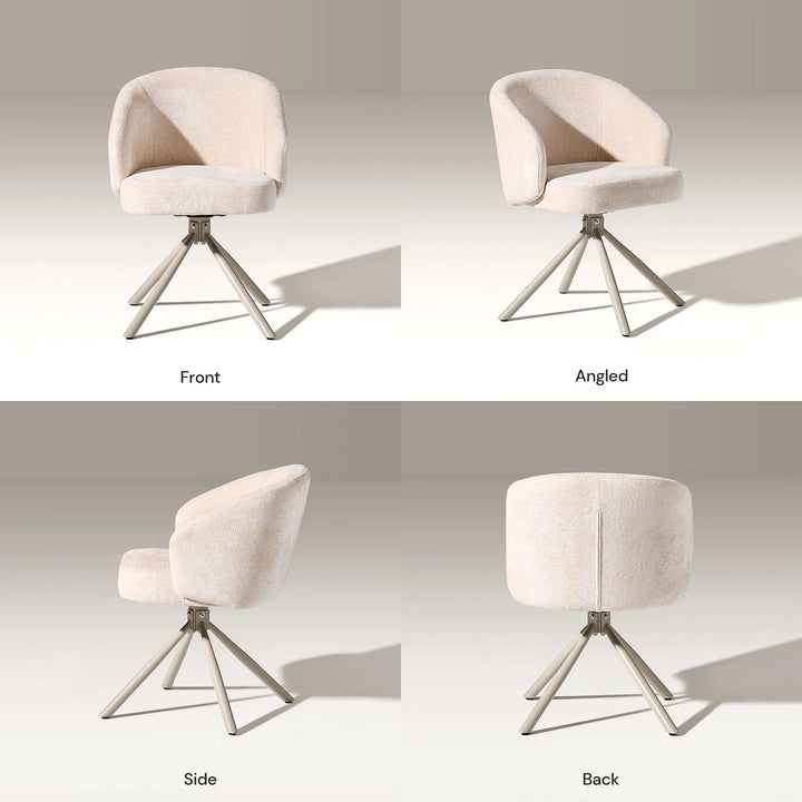 Cleo cream Swivel Chair shown from front, back, and side angles