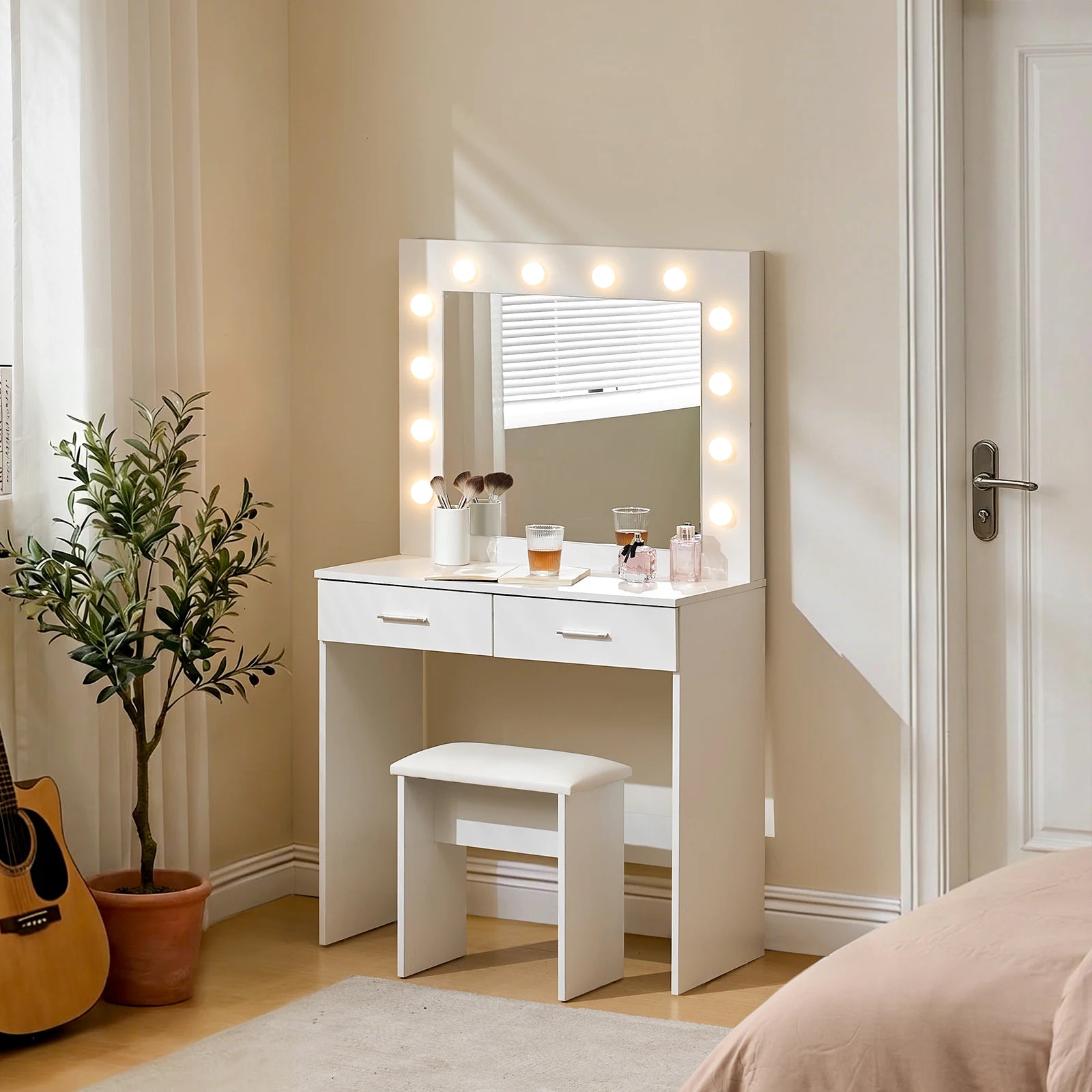 White Vanity Dressing Table with Hollywood Mirror & Lights, Stool and 2  Drawers  CLIPOP furniture