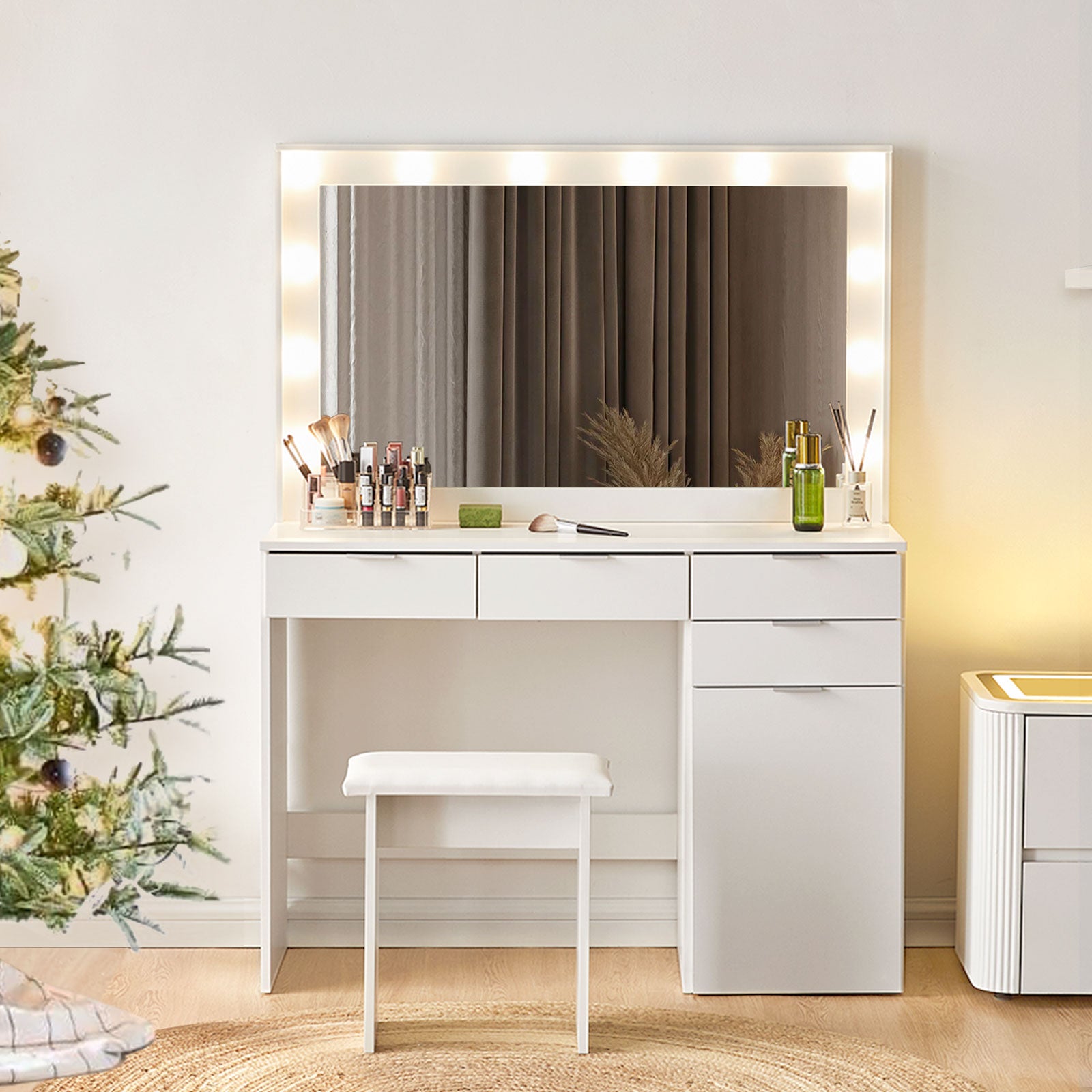 Clipop 4 Drawers Hollywood White Dressing Table Set Large Vanity Desk Clipop Furniture