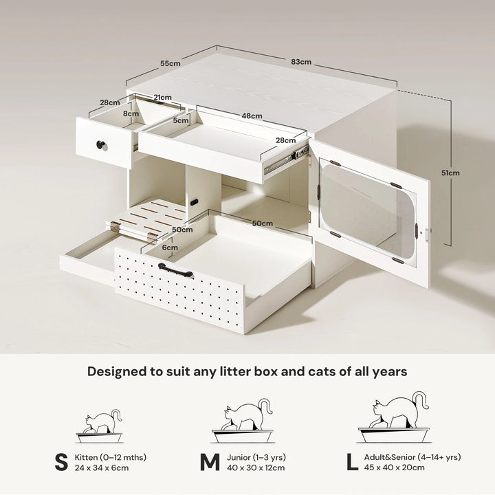 Mewi cat litter cabinet dimensions, fits all cat sizes and hidden litter box for kittens to adults