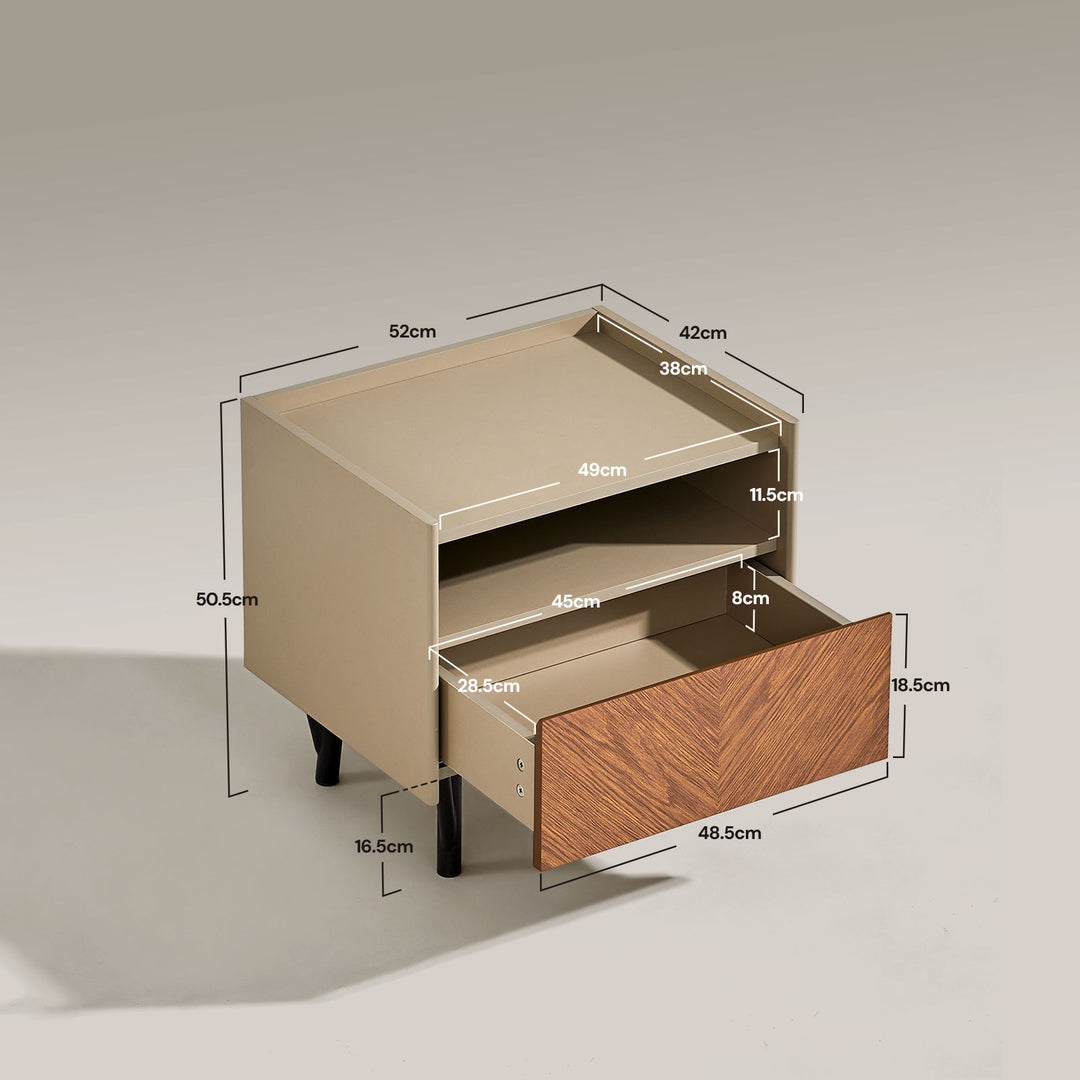 Dimension diagram of Milano Bedside Table showing detailed measurements