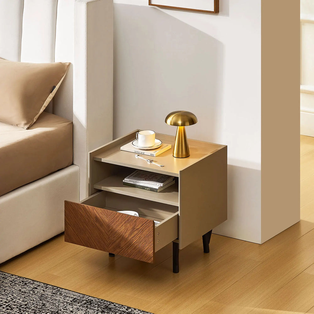 Top view of Milano Bedside Table with open drawer showing storage space