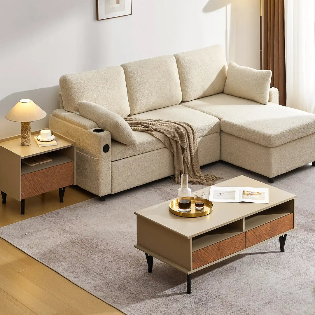 top view of Milano bedside table, Milano coffee table and Clarkson 3-seater sofa in a bright living room
