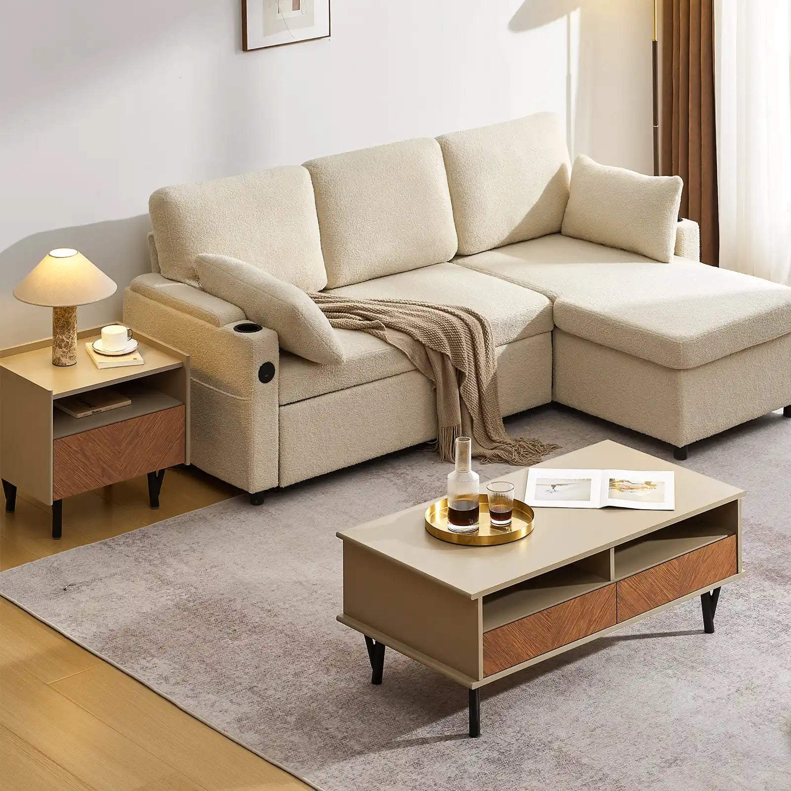 top view of Milano bedside table, Milano coffee table and Clarkson 3-seater sofa in a bright living room