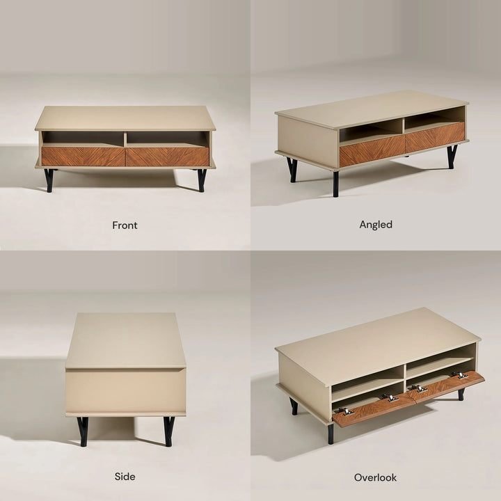 Front, side, and top views of Milano coffee table with open doors