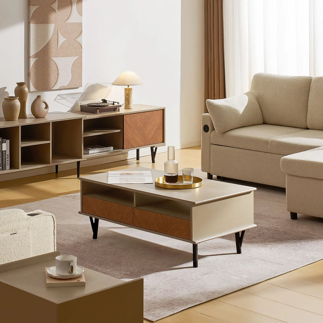 Milano Coffee Table, Milano Nightstand, and Milano TV Stand styled together in the living room