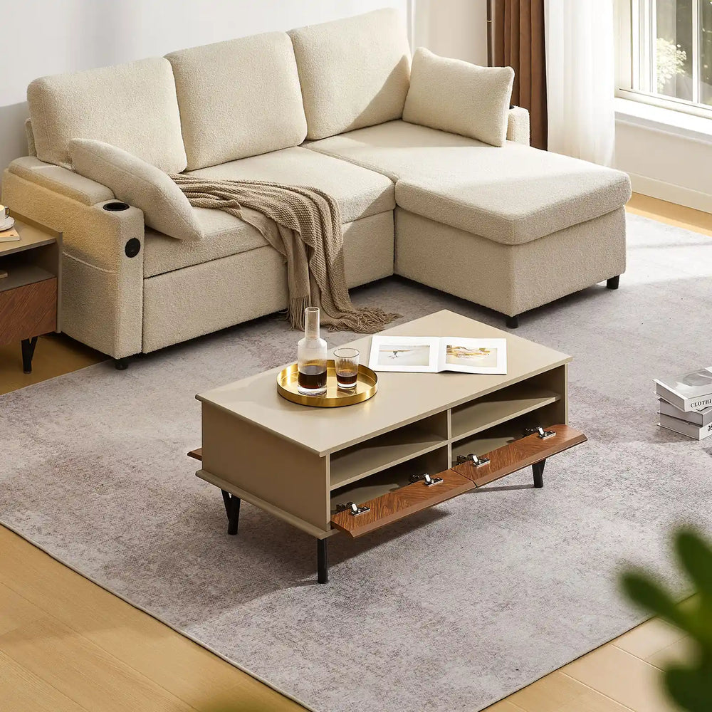 Top view of Milano Coffee Table in a bright living room beside the Milano Nightstand