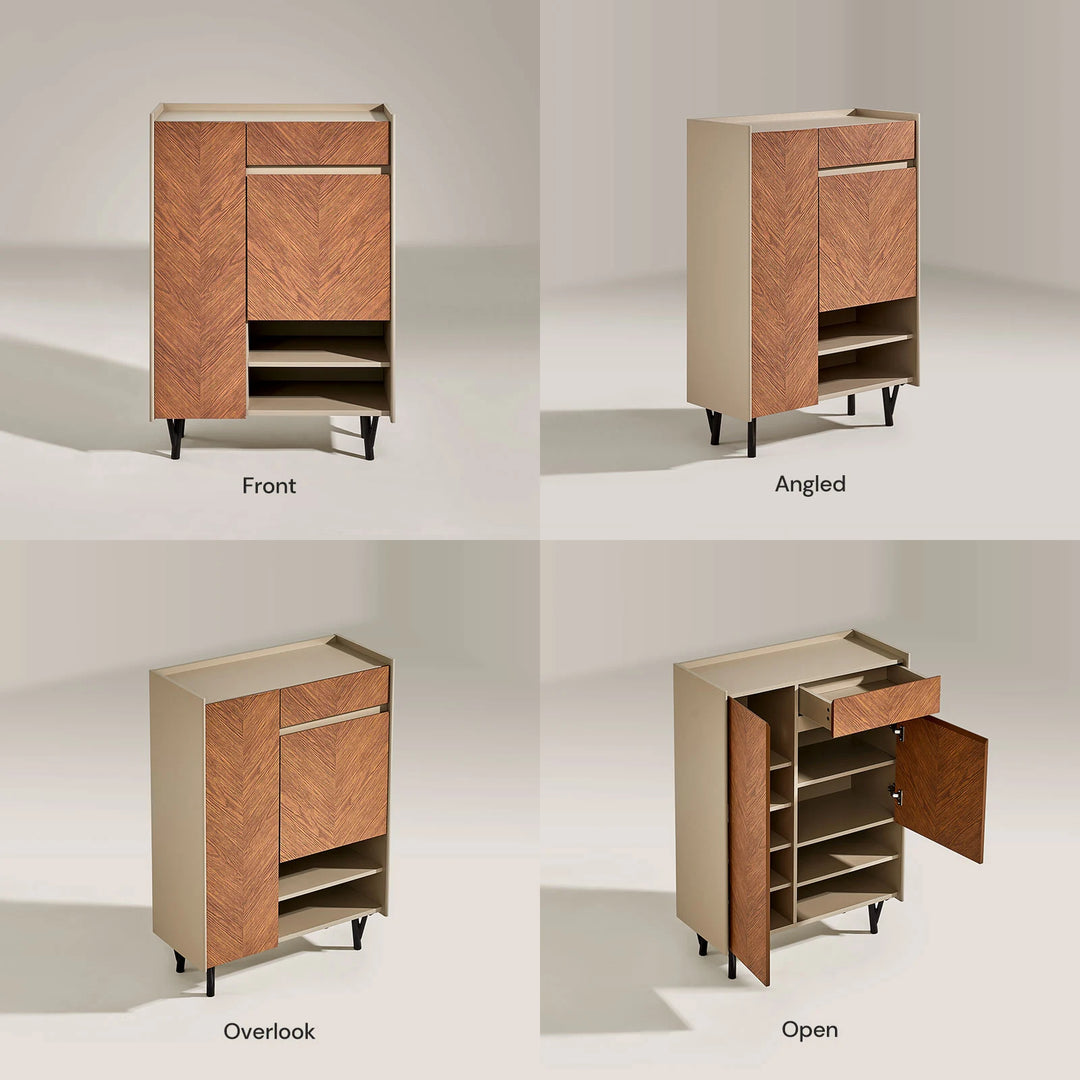 Front, side, and top views of Milano Shoe Storage with open doors and drawer