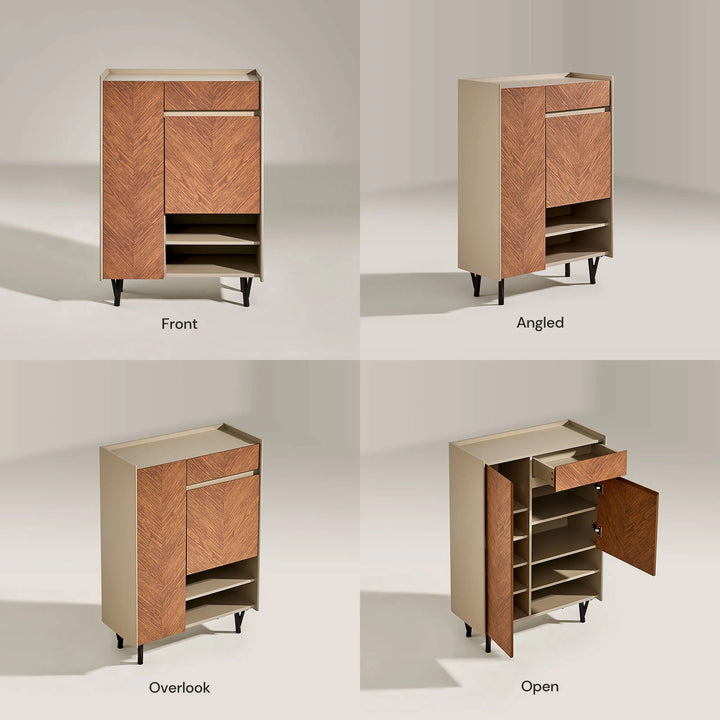 Front, side, and top views of Milano Shoe Storage with open doors and drawer