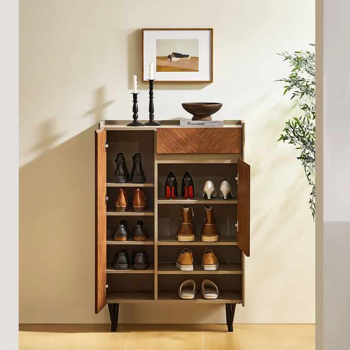 Milano Shoe Storage Cabinet in the hallway with both doors open, showing 9 pairs of adult shoes on 8 shelves