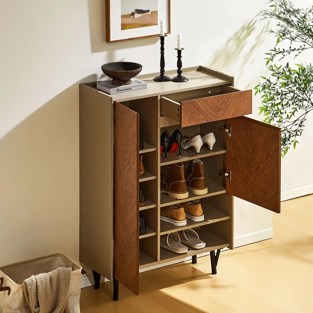 Top view of Milano Shoe Storage with both doors and drawer fully open, displaying inner storage space