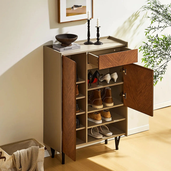 Top view of Milano Shoe Storage with both doors and drawer fully open, displaying inner storage space