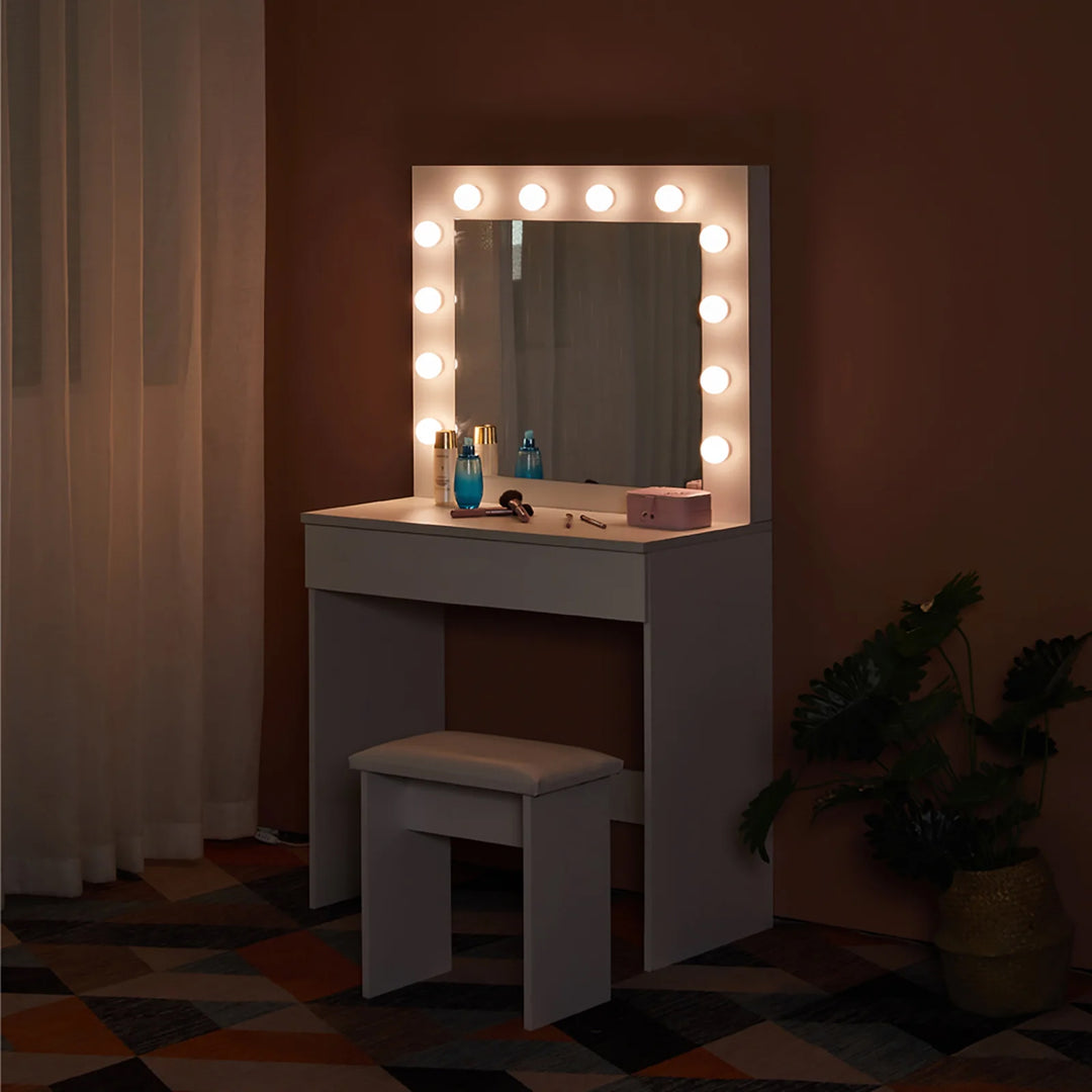 Hollywood White Dressing Table Set with LED Lights Mirror and 1 Drawer