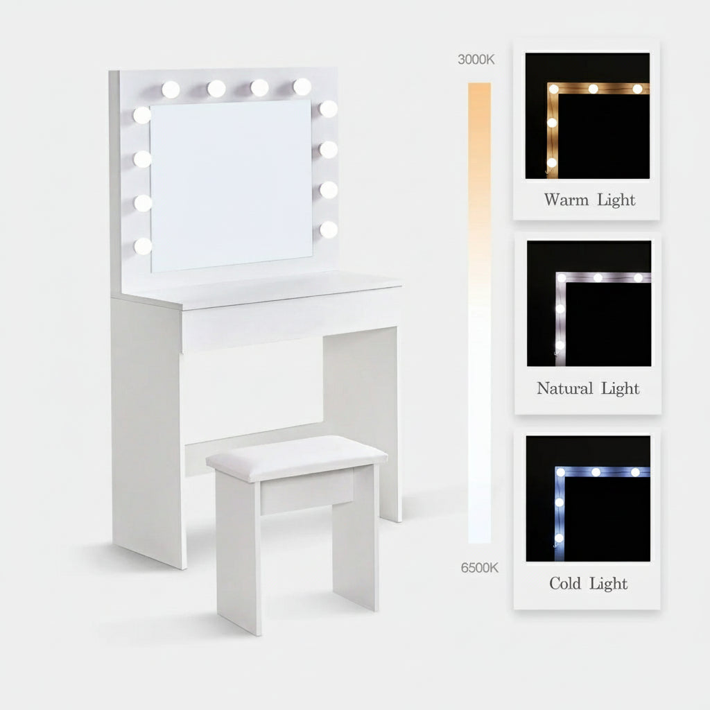 Showing the 3 lighting modes (Cold/Natural/Warm) of the dressing table.
