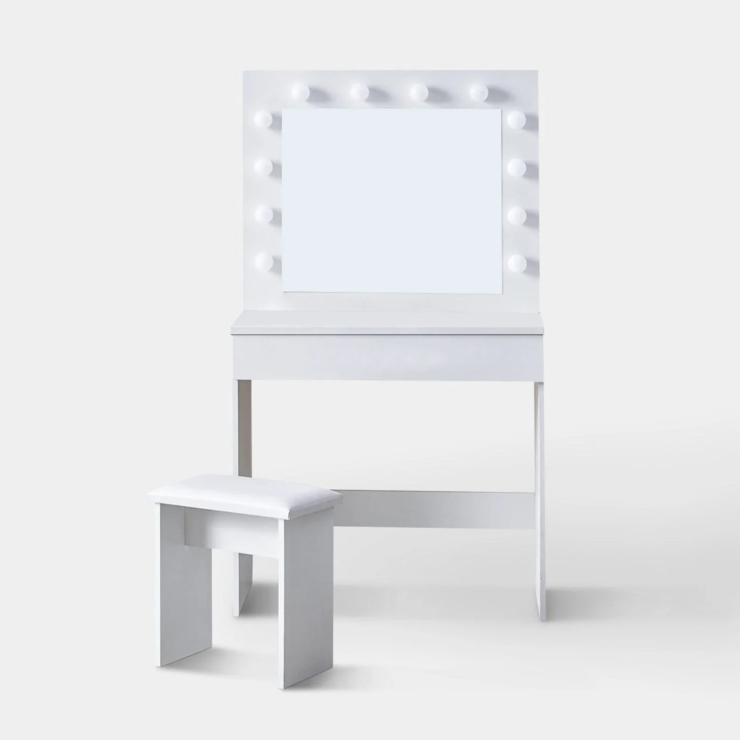 The front view of the white dressing table set, featuring a mirror, 12 LED bulbs, 1 drawer, and a stool, in a white background.