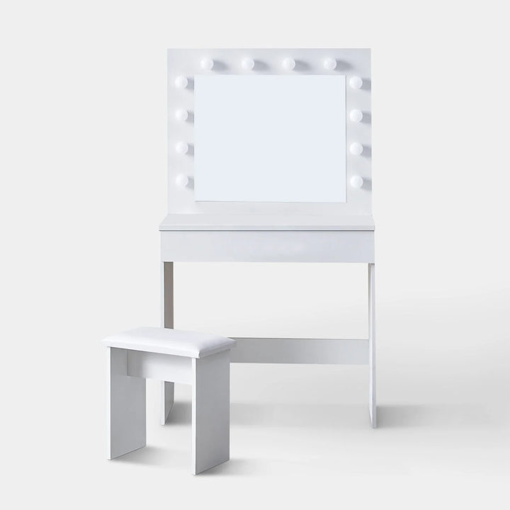 The front view of the white dressing table set, featuring a mirror, 12 LED bulbs, 1 drawer, and a stool, in a white background.