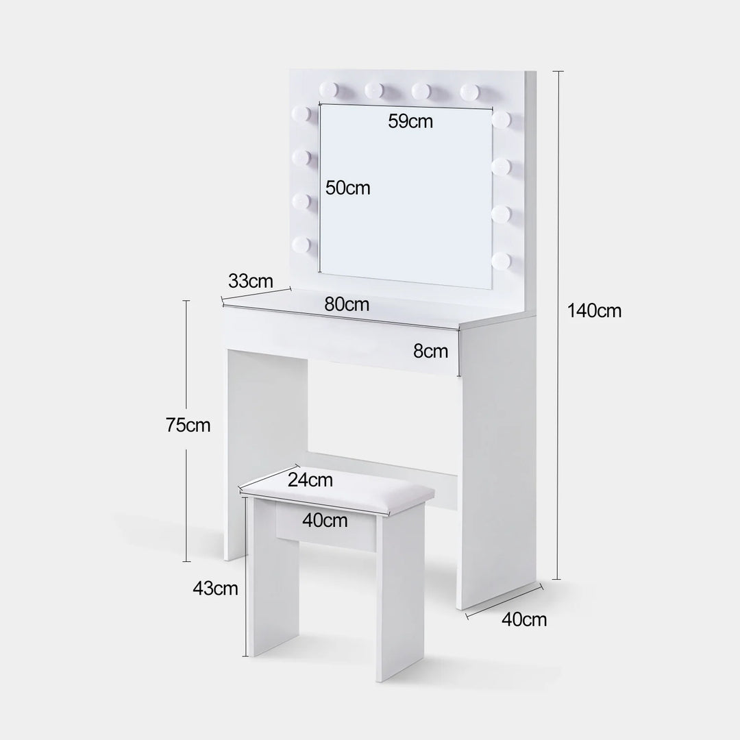 The dimensions of the white dressing table, overall dimension: W80 x D33 x H140 cm; stool dimension: W40 x D24 x H43 cm