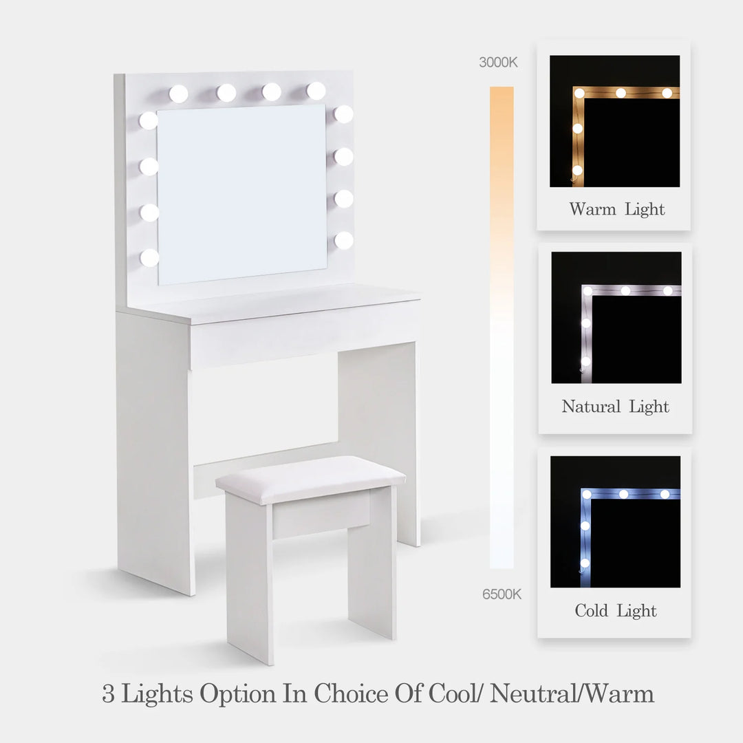 Hollywood White Schminktisch-Set mit LED-Lichtern, Spiegel und 1 Schublade