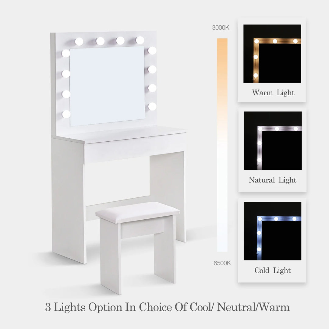 Hollywood White Dressing Table Set with LED Lights Mirror and 1 Drawer