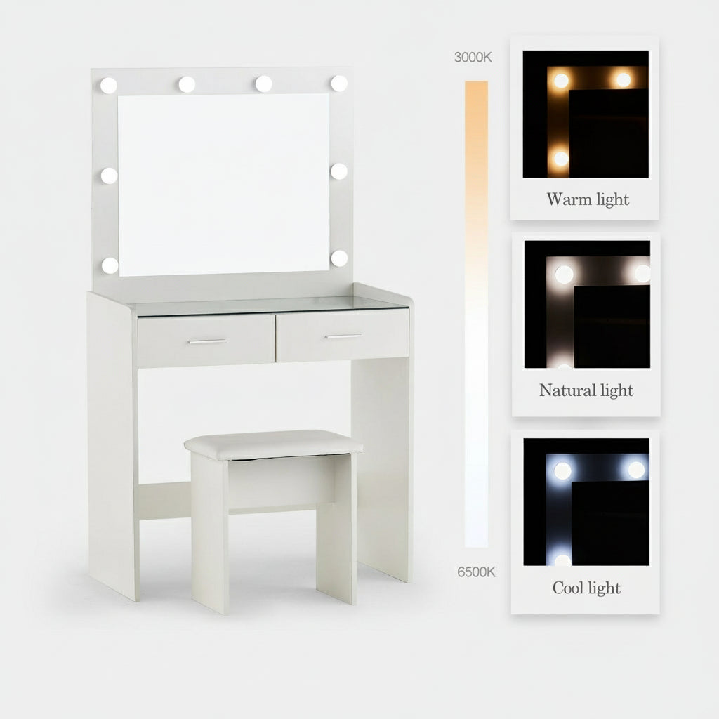 Showing the 3 lighting modes (Warm/Natural/Cool) of the LED bulbs of the dressing table. 