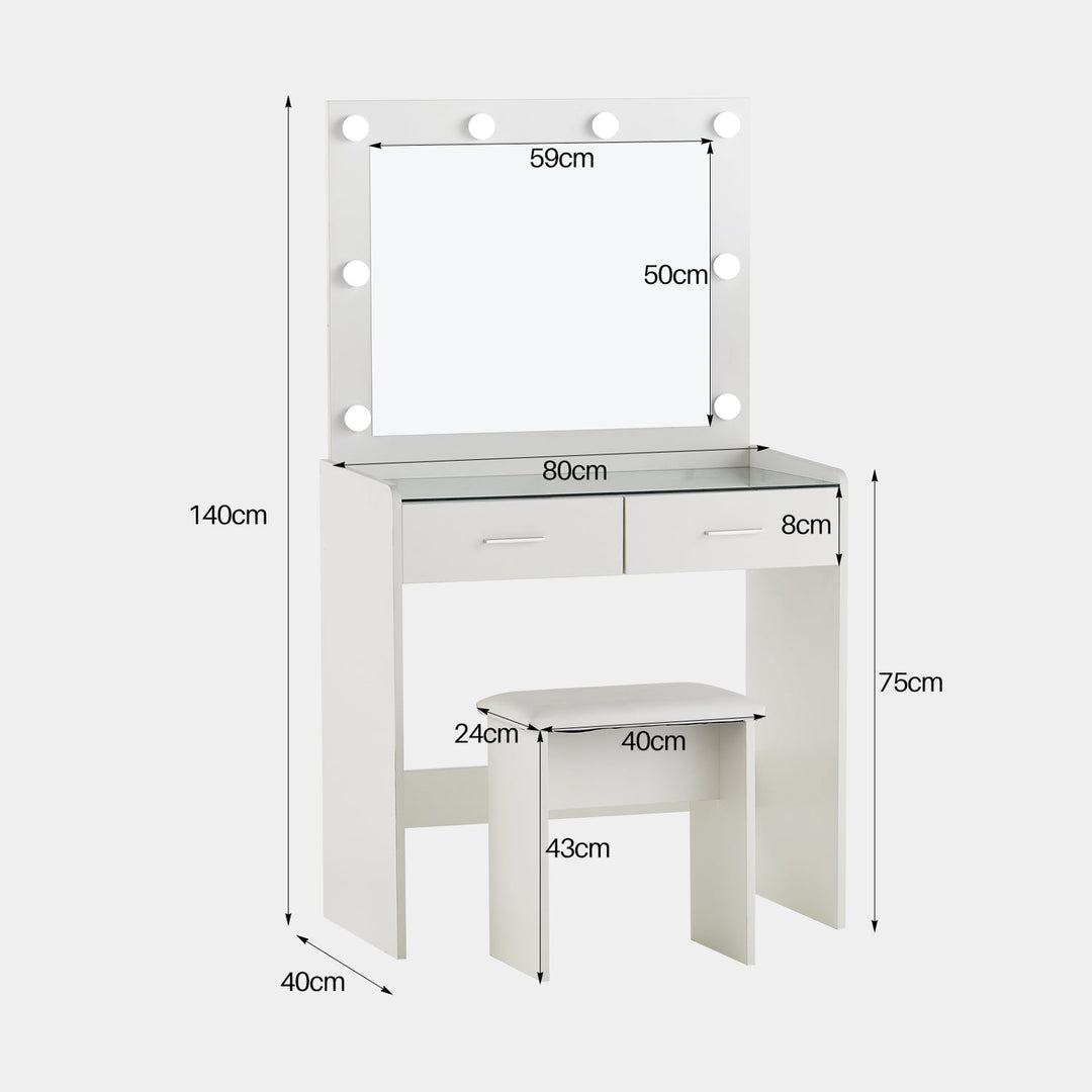 The dimensions of the dressing table set. Overall Dimension: W80 x D40 x H140 cm; Stool Dimension: W40 x D24 x H43 cm