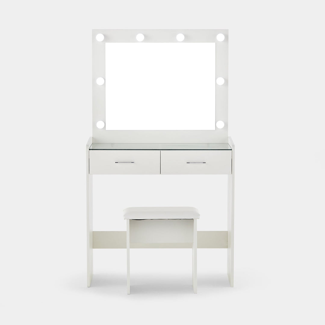 The front view of the white dressing table set, featuring a mirror, 8 LED bulbs, a glass tabletop, 2 drawers, and a stool, in a white background.