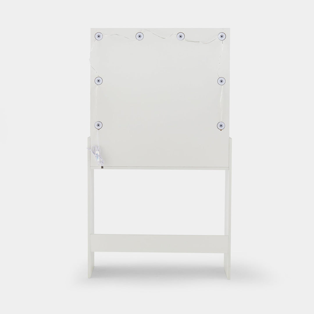 The back view of the white dressing table set, showing how the bulbs' wire is hidden.