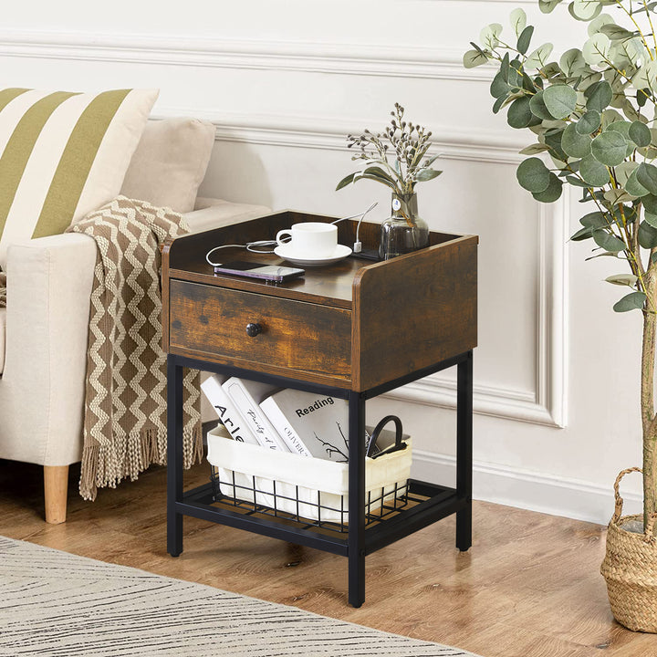 Eyve Industrial Wood Bedside Table [Charging Station]