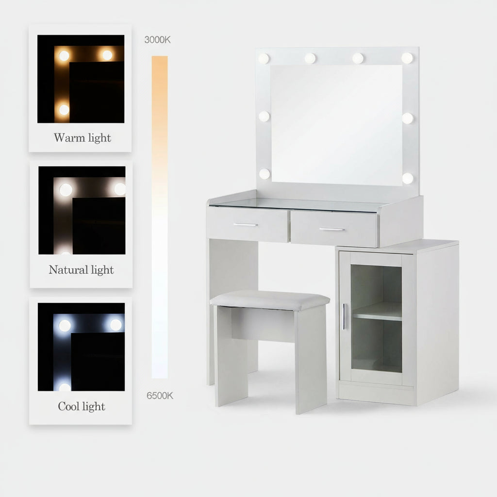 showing 3 lighting modes of the Glass dressing table, in a white background