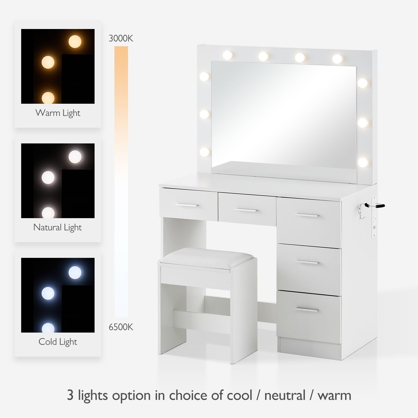 Showing the 3 lighting modes (cool/natural/warm) of the 10 LED bulbs, which surround the mirror, making the dressing table a Hollywood style.