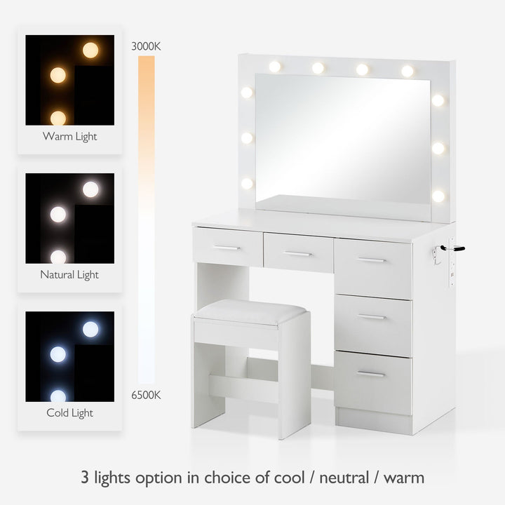 Showing the 3 lighting modes (cool/natural/warm) of the 10 LED bulbs, which surround the mirror, making the dressing table a Hollywood style.