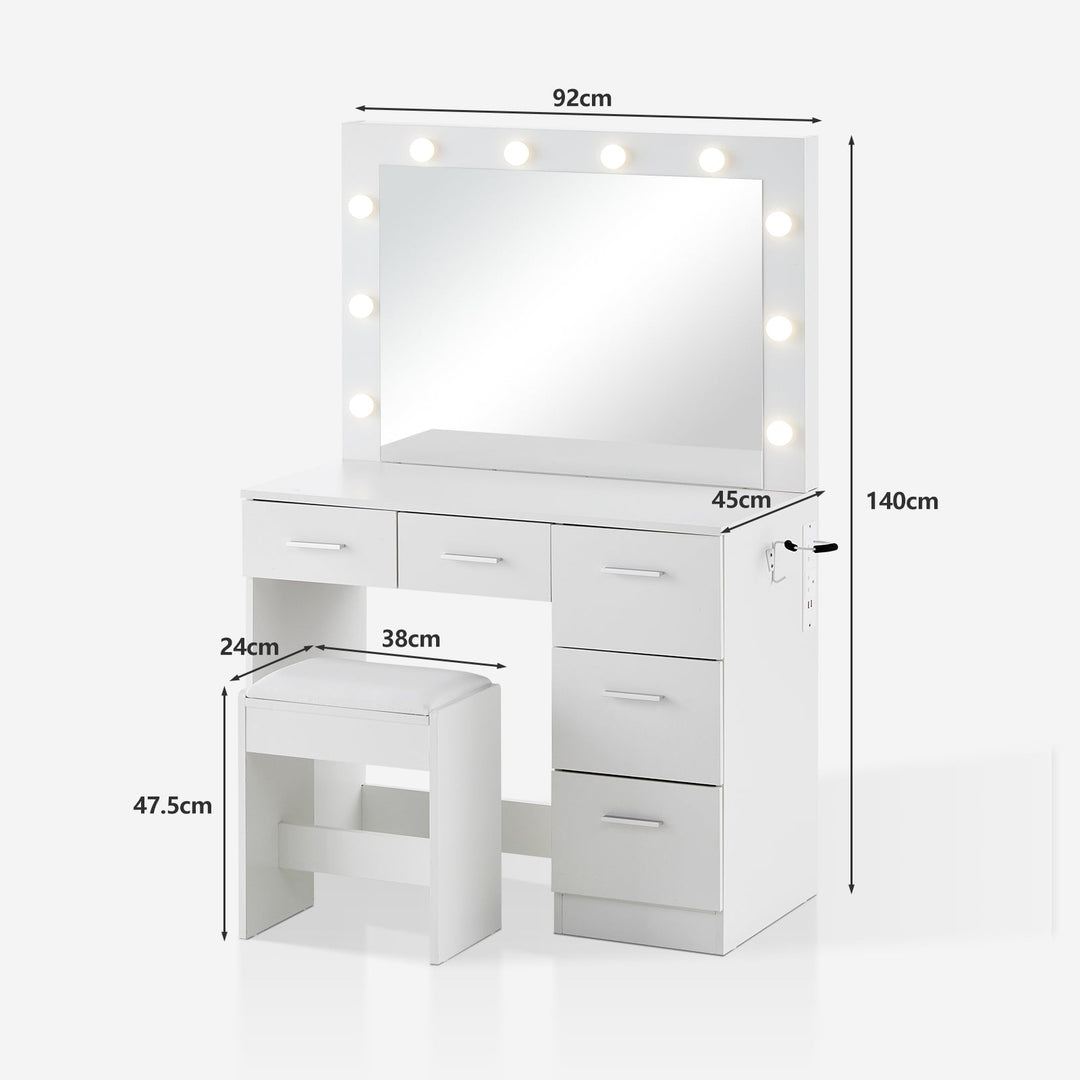 Showing the dimensions of the vanity (overall: W92 x D45 x H140 cm) and the stool (W38 x D24 x H47.5 cm).