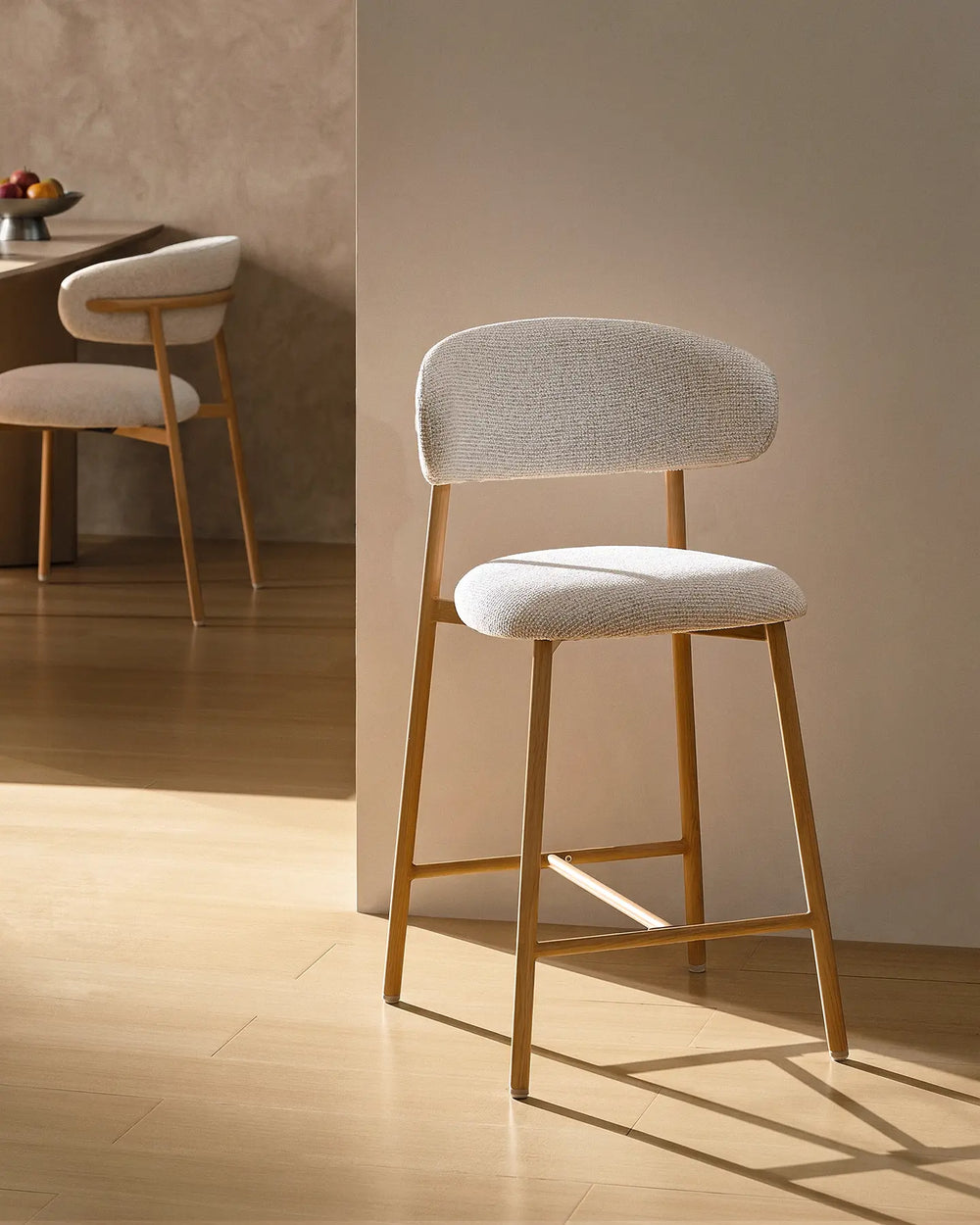 Rowan Oak Bar Stool in a modern family kitchen dining area, front view
