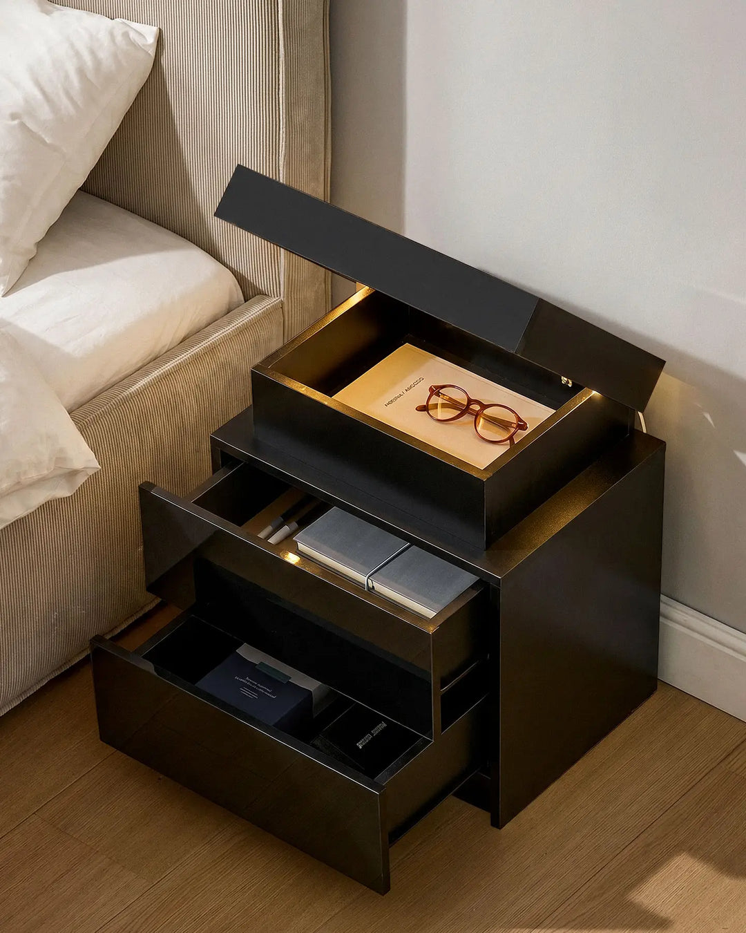 Kumar Bedside Table with RGB Lighting & Charging [2 Drawers]