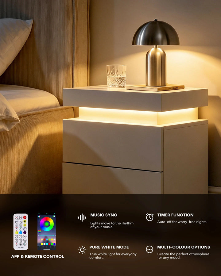 Kumar Bedside Table with RGB Lighting & Charging [2 Drawers]