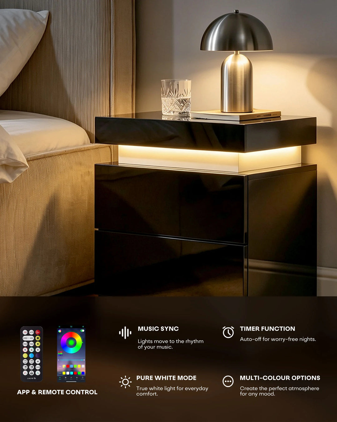 Kumar Bedside Table with RGB Lighting & Charging [2 Drawers]