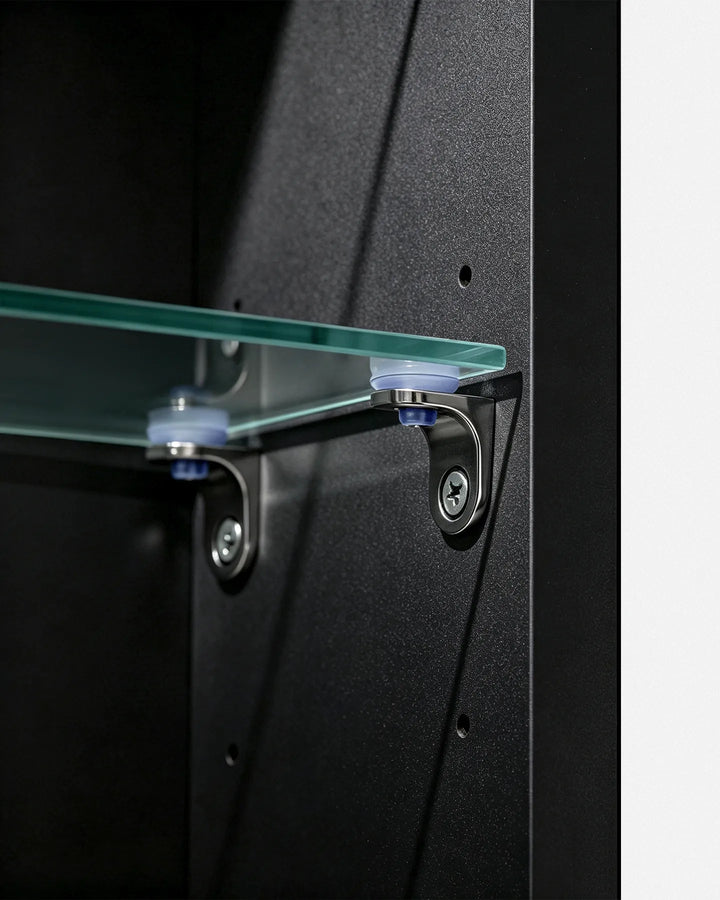 Detail of premium adjustable shelf clips inside the Arcadia arched storage cabinet.