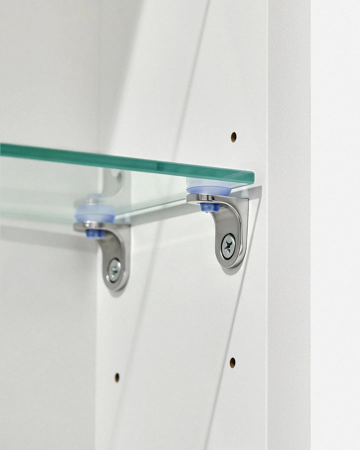 Detail of premium adjustable shelf clips inside the Arcadia arched storage cabinet.