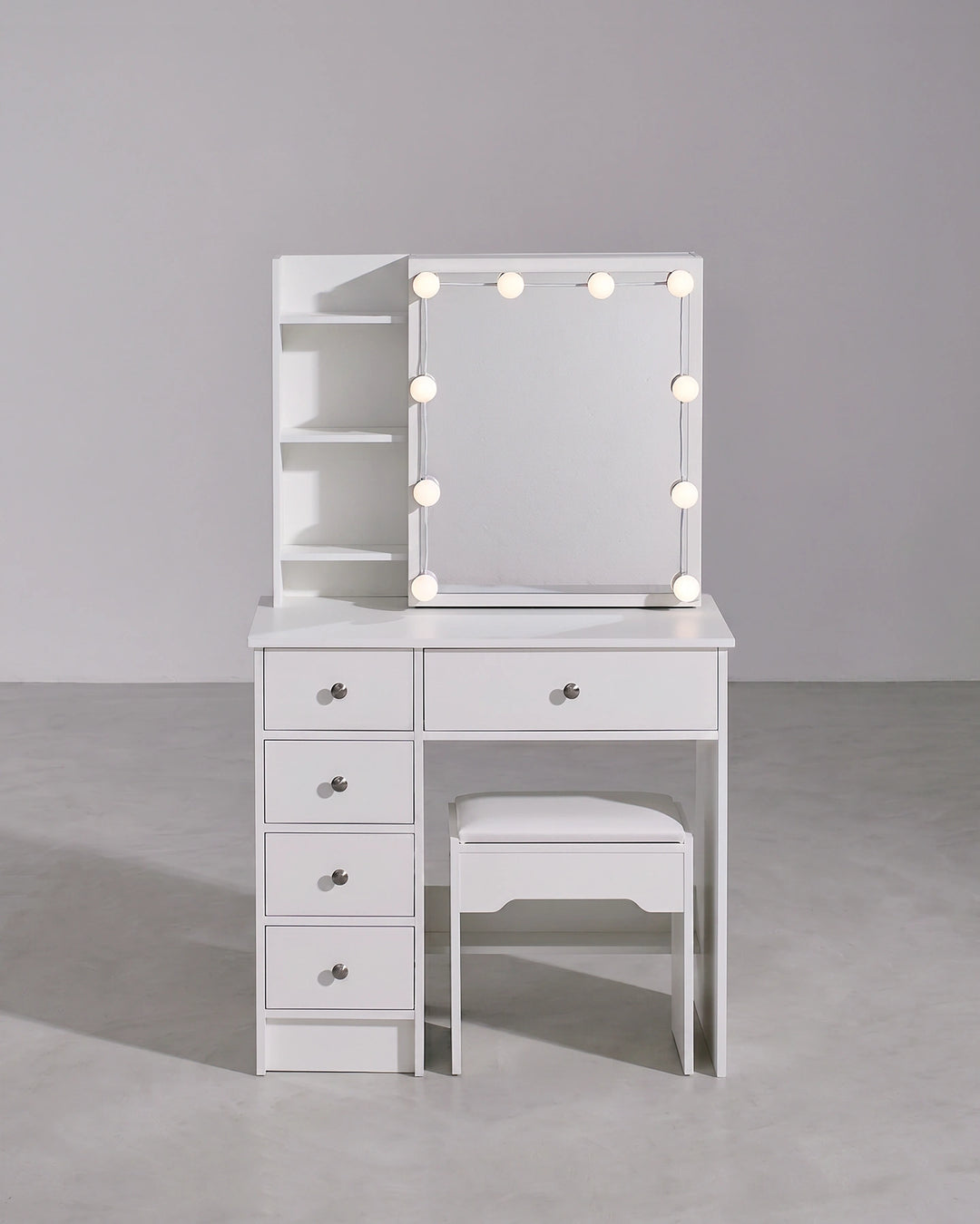 Front view of the white Hollywood-style dressing table set on a clean background.