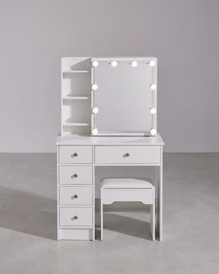 Front view of the white Hollywood-style dressing table set on a clean background.