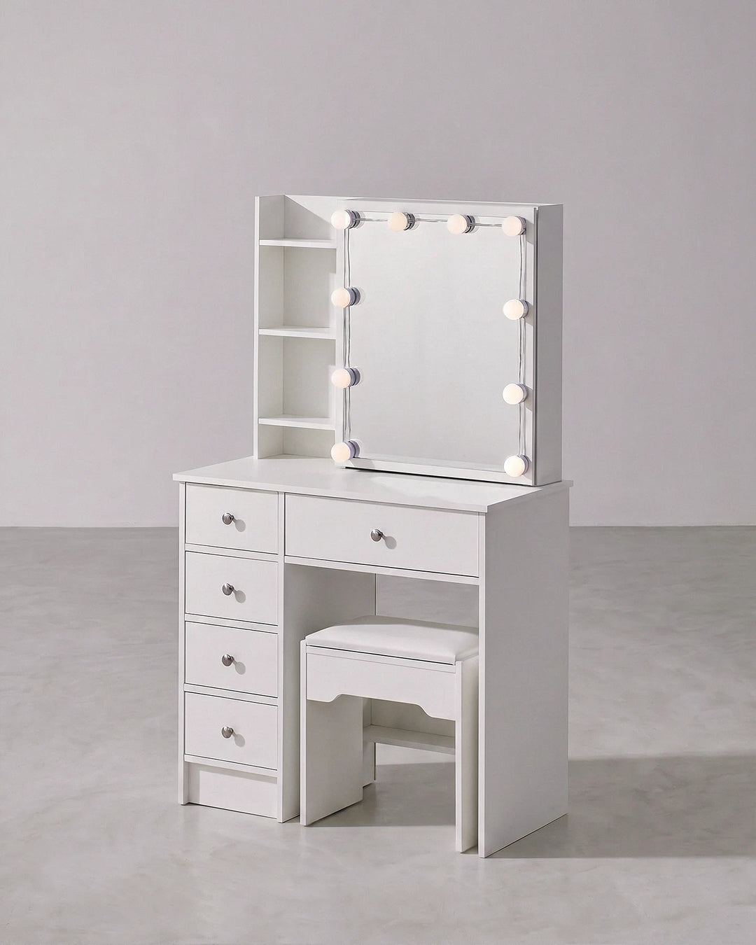 Angled view of the white Hollywood-style dressing table set on a clean background.