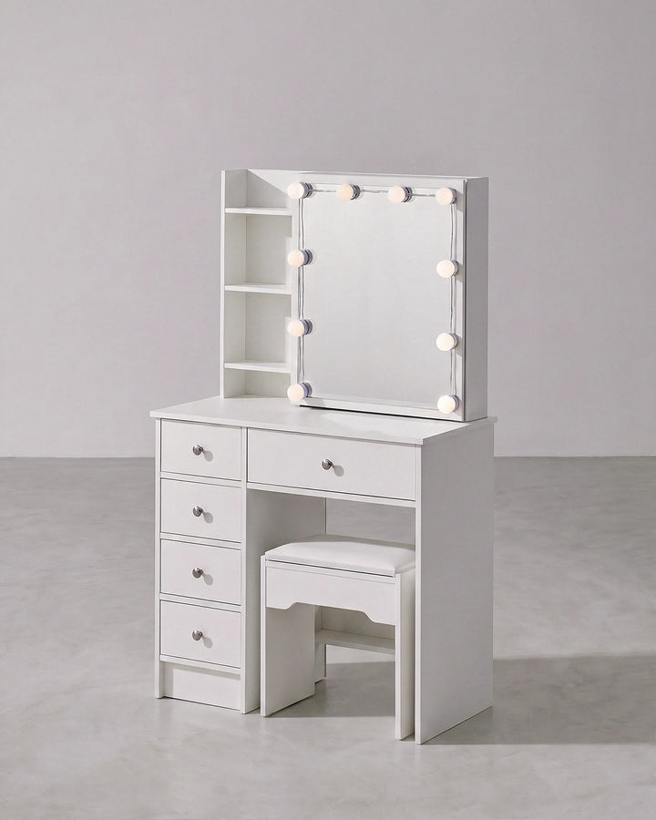 Angled view of the white Hollywood-style dressing table set on a clean background.