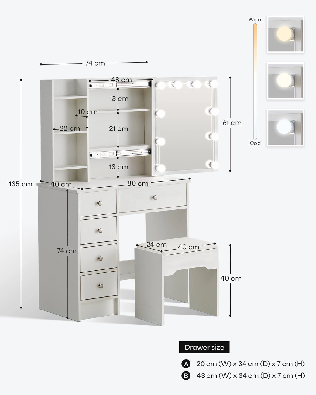 Angled view of the white Hollywood-style dressing table with dimensions shown.