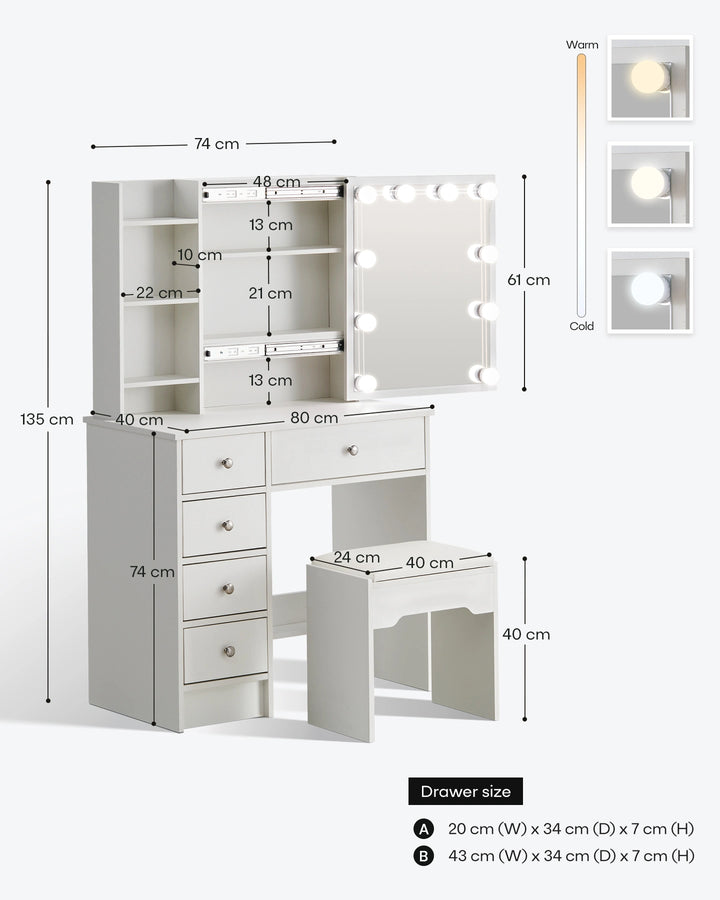 Angled view of the white Hollywood-style dressing table with dimensions shown.