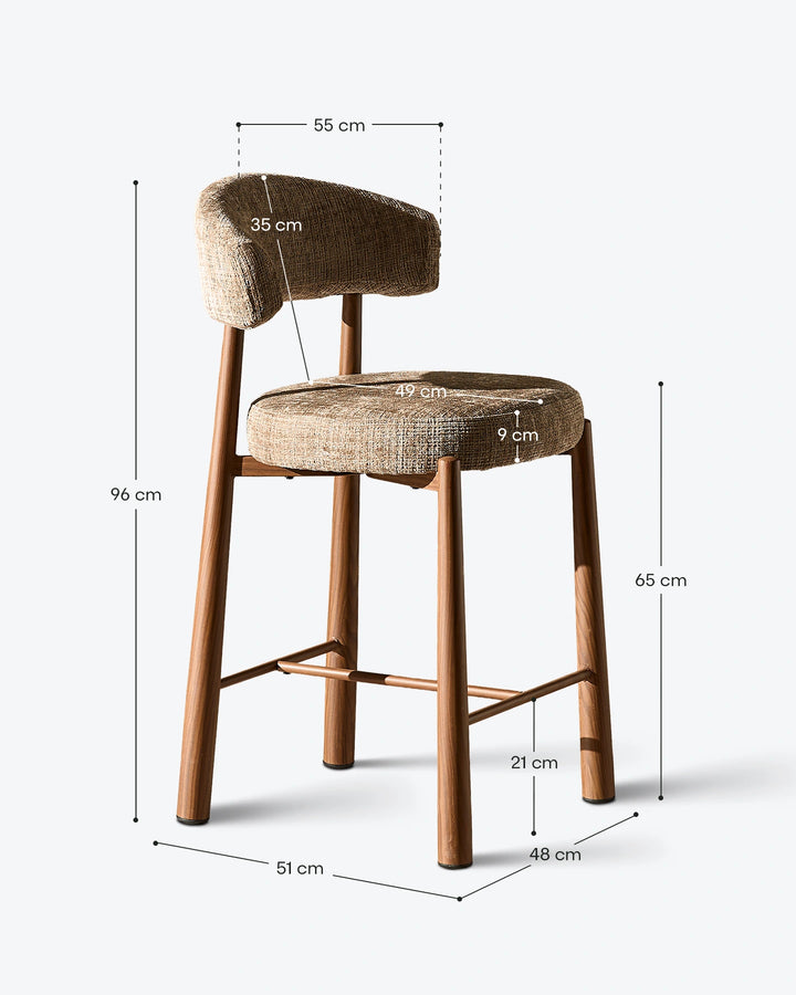 Technical dimension diagram and sizing guide for the Ansel mocha brown chenille bar stool displaying total height, seat height, seat width, and depth measurements in centimetres