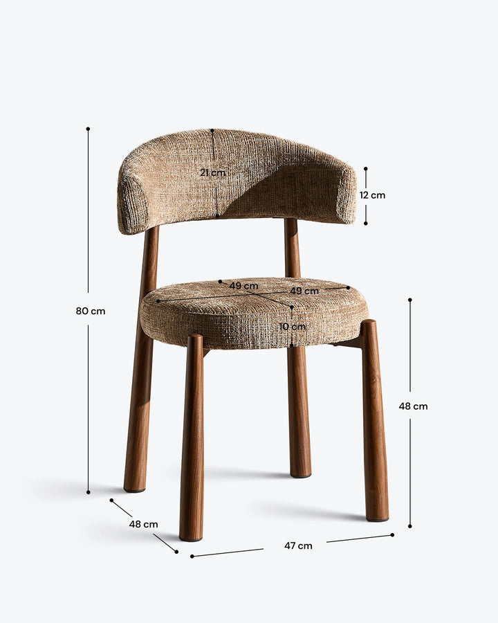 Ansel Mocha Chenille Dining Chair with measurements displayed, showing the overall chair dimensions, seat height and backrest height.