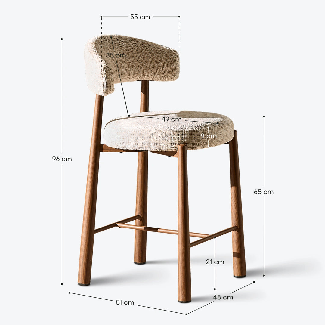 Technical dimension diagram and sizing guide for the Ansel oatmeal chenille bar stool displaying total height, seat height, seat width, and depth measurements in centimetres